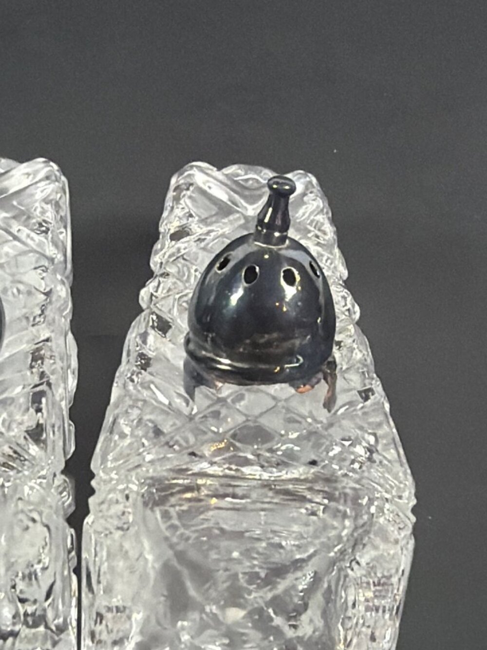 VTG 50s Crystal Salt Pepper Shakers Heavy Cut Glass Diamond Pattern AS IS Parts - Picture 7 of 14
